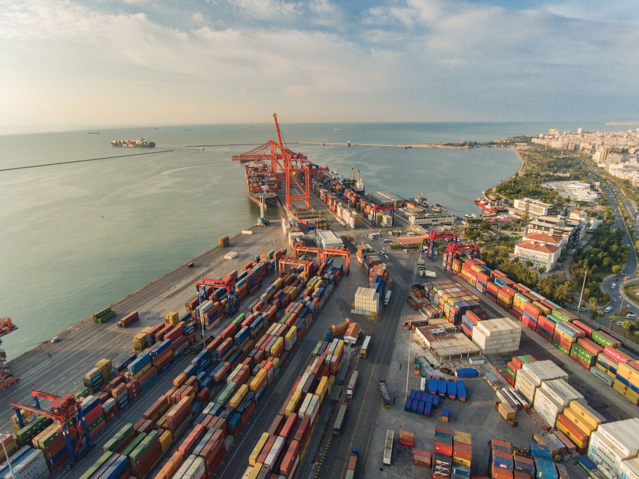 Drone photo of Cargo Containers in a Busy Dock